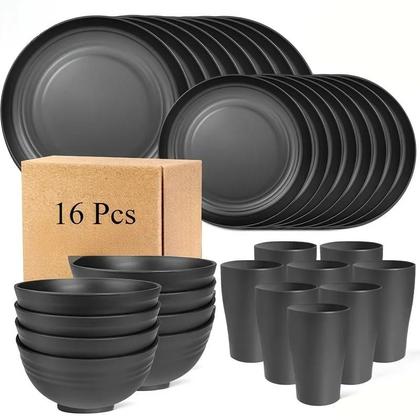 Imagem de Conjunto De Utensílios De Mesa Inquebráveis Preto Com 16 Peças, 8 Pratos, 4 Tigelas, 4 Copos, Seguro