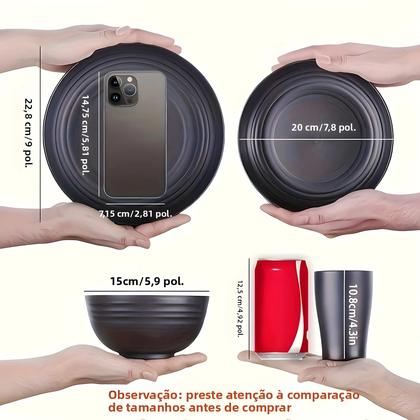 Imagem de Conjunto De Utensílios De Mesa Inquebráveis Preto Com 16 Peças, 8 Pratos, 4 Tigelas, 4 Copos, Seguro