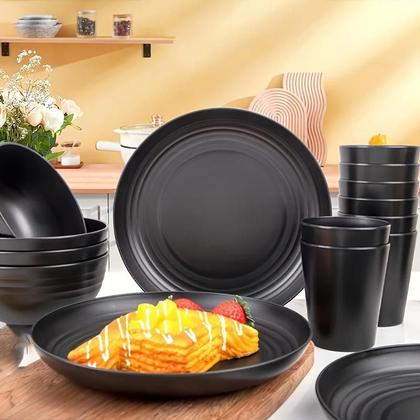Imagem de Conjunto De Utensílios De Mesa Inquebráveis Preto Com 16 Peças, 8 Pratos, 4 Tigelas, 4 Copos, Seguro