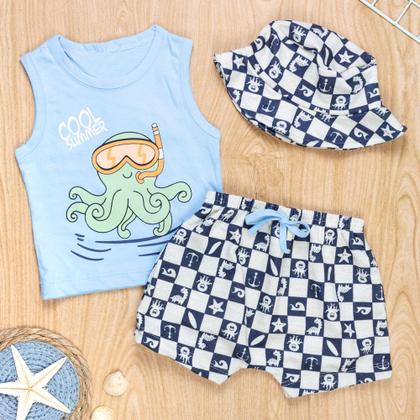 Imagem de Conjunto de Verão Bebê com Chapéu - Fundo do Mar Azul Claro