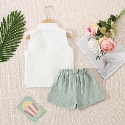 Imagem de Conjunto De Verão Para Menina Bebê Em Algodão Com Bordado Floral Sem Mangas, Camiseta E Shorts, 0-3