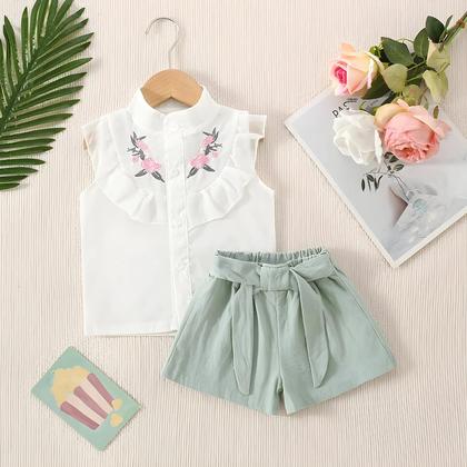 Imagem de Conjunto De Verão Para Menina Bebê Em Algodão Com Bordado Floral Sem Mangas, Camiseta E Shorts, 0-3