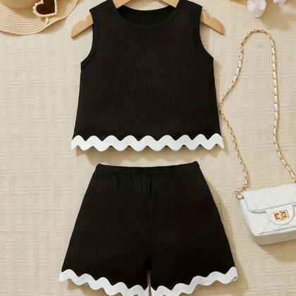 Imagem de Conjunto De Verão Para Meninas Com Regata De Renda E Shorts Em Cor Sólida Estilo De Férias Roupas