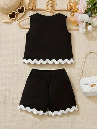 Imagem de Conjunto De Verão Para Meninas Com Regata De Renda E Shorts Em Cor Sólida Estilo De Férias Roupas