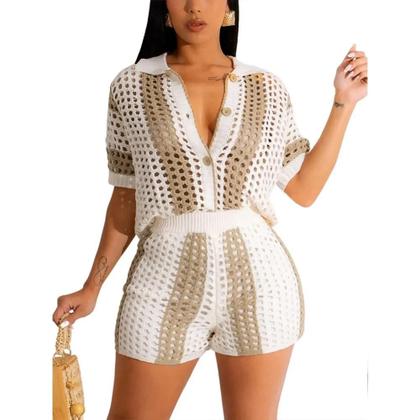 Imagem de Conjunto De Verão plus Size Para Férias, 2 Peças, Cardigan De Crochê Com Botões E Calças, Cobertura