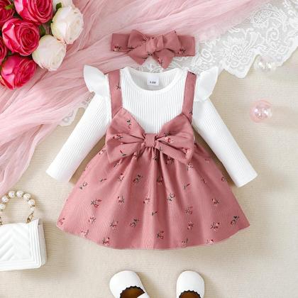 Imagem de Conjunto De Vestido De Princesa Para Menina Com Bloco De Cores E Faixa Grande 0-24 Meses Moda