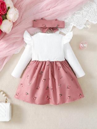 Imagem de Conjunto De Vestido De Princesa Para Menina Com Bloco De Cores E Faixa Grande 0-24 Meses Moda