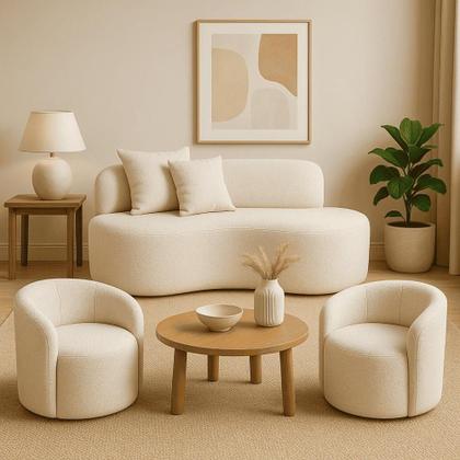 Imagem de Conjunto Decorativo 02 Poltronas + Sofá Curvo Orgânico Nature Gaia Boucle Bege - Montanaris Decor