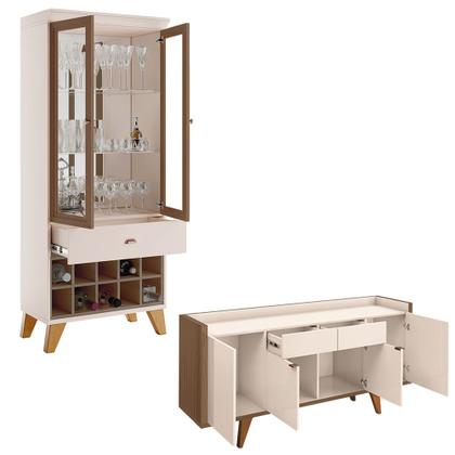 Imagem de Conjunto Decorativo Cristaleira Adega e Buffet Balcão Andorra/Albâni Off White/Castanho G26 - Gran Belo