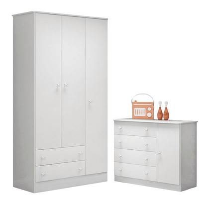 Imagem de Conjunto Doce Sonho Branco/Branco: Cômoda Sapateira Doce Sonho + Guarda-Roupa Doce Sonho 3 portas e 2 gavetas