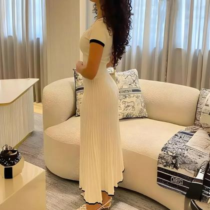 Imagem de Conjunto Elegante de Saia Longa e Top Plissado Branco com Decote V - Verão