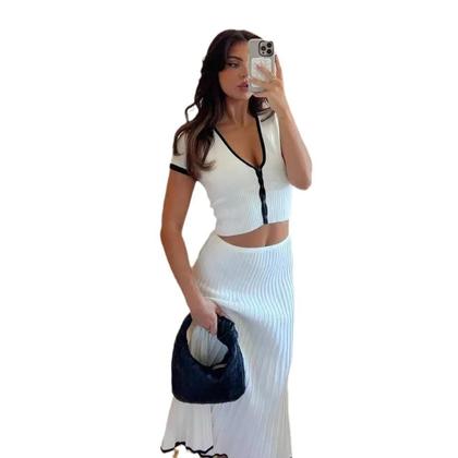 Imagem de Conjunto Elegante de Saia Longa e Top Plissado Branco com Decote V - Verão