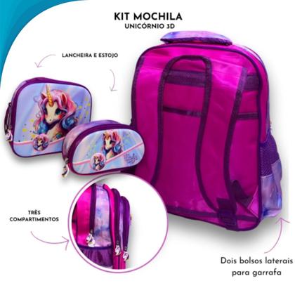 Imagem de Conjunto Escolar Lancheira Mochila E Estojo Unicórnio Rosa Glitter Charmoso Para Escola E Viagem Barato