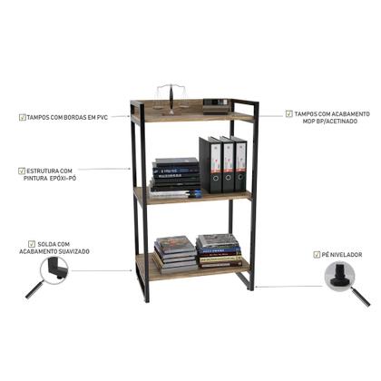 Imagem de Conjunto Escritório Estilo Industrial Mesa 135cm e Estante 60cm 3 Prateleiras Prisma Carvalho - Mpoz