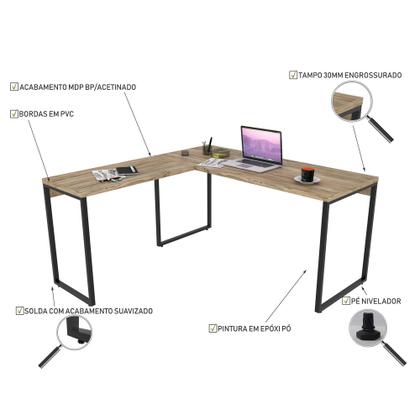 Imagem de Conjunto Escritório Estilo Industrial Mesa 150x150cm e 2 Estantes 60cm 5 Prateleiras Prisma Carvalho - Mpozenato