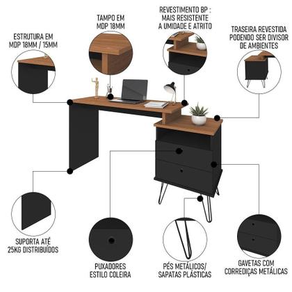 Imagem de Conjunto Escritório Home Office 4 Peças Lux Industrial A06 Freijó-preto - Mpozenato