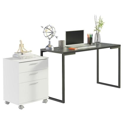 Imagem de Conjunto Escritório Home Office com Mesa Industrial + Gaveteiro Branco/Preto Madesa