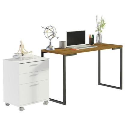Imagem de Conjunto Escritório Home Office com Mesa Industrial + Gaveteiro Rustic/Branco Madesa