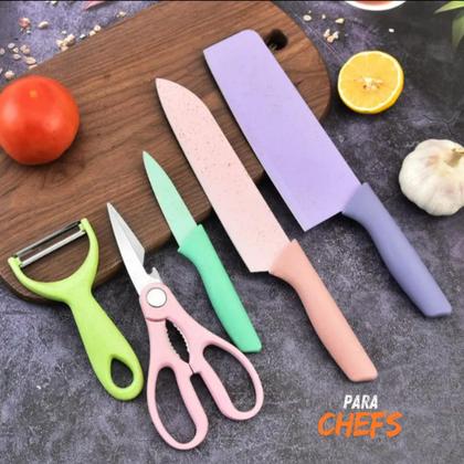 Imagem de Conjunto Facas Afiadas Aço Inox Chef Legumes Tesoura e Descascador