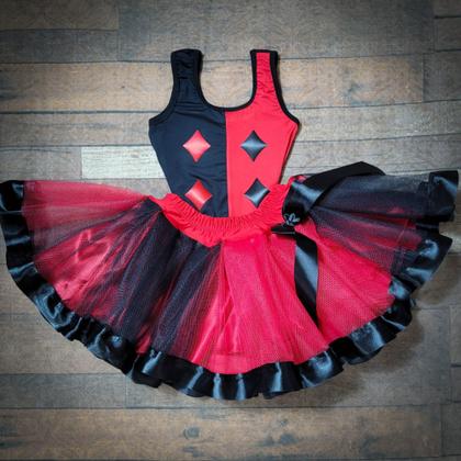 Imagem de Conjunto Fantasia Adulto de Carnaval Halloween Arlequina Vermelho e Preto (Tamanho único) COD.000509