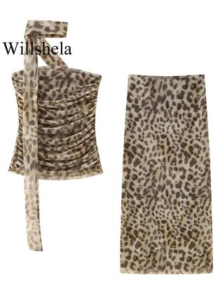 Imagem de Conjunto Feminino 2 Peças: Top Plissado Leopardo e Saia Midi Vintage