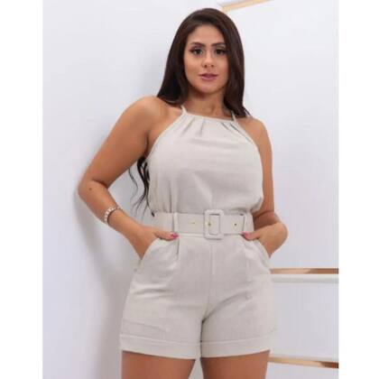 Imagem de Conjunto Feminino Alfaiataria Blusa Shorts Cinto Linho Top Bege
