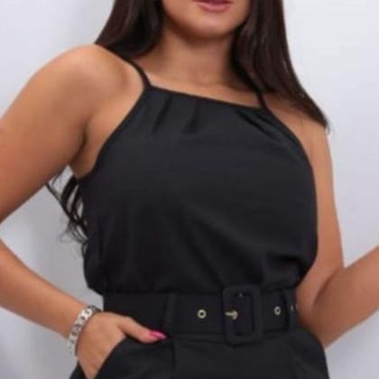 Imagem de Conjunto Feminino Alfaiataria Blusa Shorts Cinto Linho Top Preto