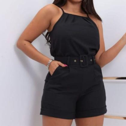 Imagem de Conjunto Feminino Alfaiataria Blusa Shorts Cinto Linho Top Preto