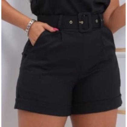 Imagem de Conjunto Feminino Alfaiataria Blusa Shorts Cinto Linho Top Preto