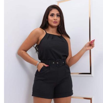 Imagem de Conjunto Feminino Alfaiataria Blusa Shorts Cinto Linho Top Preto