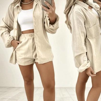 Imagem de Conjunto Feminino Alfaiataria em Linho Camisa Manga Longa Simples Short Reto Casual elegante Bolso B