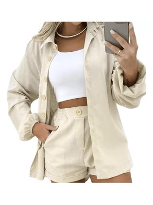 Imagem de Conjunto Feminino Alfaiataria em Linho Camisa Manga Longa Simples Short Reto Casual elegante Bolso B
