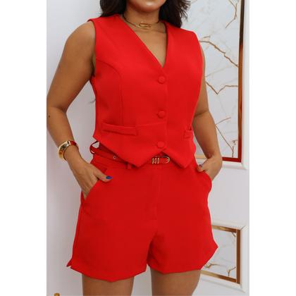 Imagem de Conjunto Feminino Alfaiataria Shorts Colete E Cinto Premium Vermelho