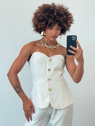 Imagem de Conjunto Feminino Blusa sem Alça com Botões Dourados e Calça Gabi
