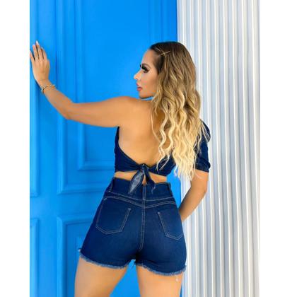 Imagem de Conjunto feminino blusa + short saia jeans com botões escuro