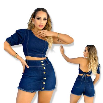 Imagem de Conjunto feminino blusa + short saia jeans com botões escuro