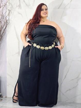 Imagem de Conjunto Feminino Calça e Cropped Plus Size Tamanho Grande Pantalona com Fenda Top Faixa sem alça