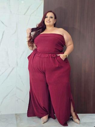 Imagem de Conjunto Feminino Calça e Cropped Plus Size Tamanho Grande Pantalona com Fenda Top Faixa sem alça