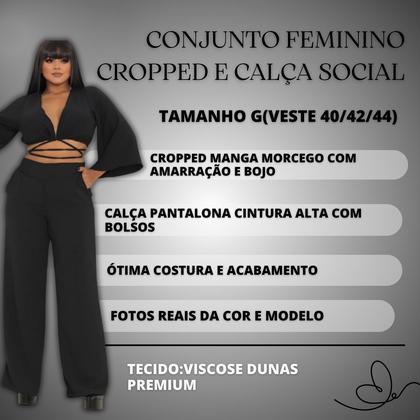 Imagem de Conjunto Feminino Calça Pantalona Preta e Cropped Social Manga Morcego Amarração Bojo Confortável Elegante Festa Outono Inverno