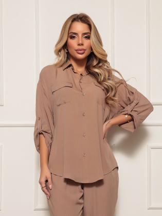 Imagem de Conjunto Feminino Camisa Comfort e Calça Com Elástico Elegante Tendência Outono Inverno