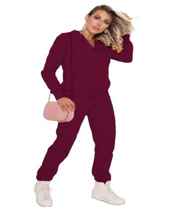 Imagem de Conjunto Feminino Casaco De Moletom Com Zíper e Capuz +Calça Com Bolso