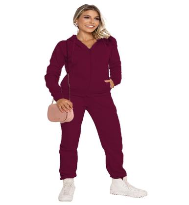 Imagem de Conjunto Feminino Casaco De Moletom Com Zíper e Capuz +Calça Com Bolso