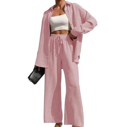 Imagem de Conjunto Feminino Casual De Camisa Com Botões E Calças De Perna Larga Com Laço Na Frente, Blusa De