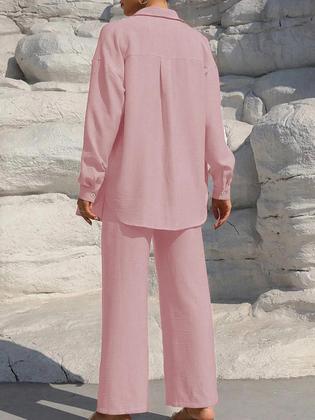 Imagem de Conjunto Feminino Casual De Camisa Com Botões E Calças De Perna Larga Com Laço Na Frente, Blusa De