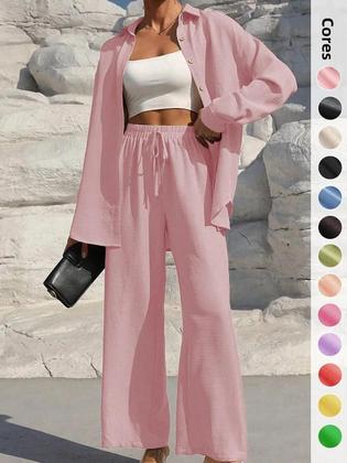 Imagem de Conjunto Feminino Casual De Camisa Com Botões E Calças De Perna Larga Com Laço Na Frente, Blusa De