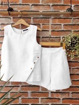 Imagem de Conjunto Feminino Casual De Verão ZANZEA 2 Peças: Regata E Shorts Com Bolsos - Agasalho Liso