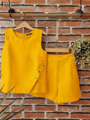 Imagem de Conjunto Feminino Casual De Verão ZANZEA 2 Peças: Regata E Shorts Sólidos Com Bolsos
