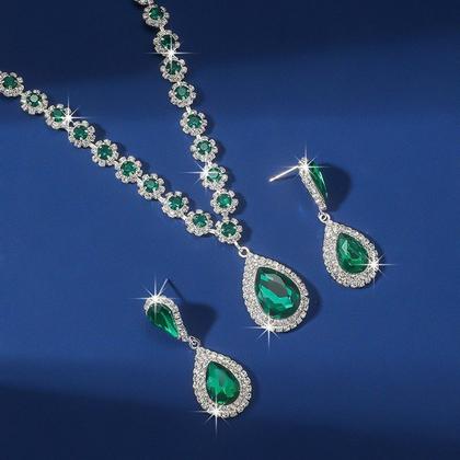 Imagem de Conjunto Feminino Colar e Brinco Verde Esmeralda Gota Flor Zirconia Strass Festa Madrinha Elegante