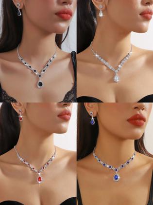 Imagem de Conjunto Feminino Colar e Brinco Verde Esmeralda Gota Flor Zirconia Strass Festa Madrinha Elegante