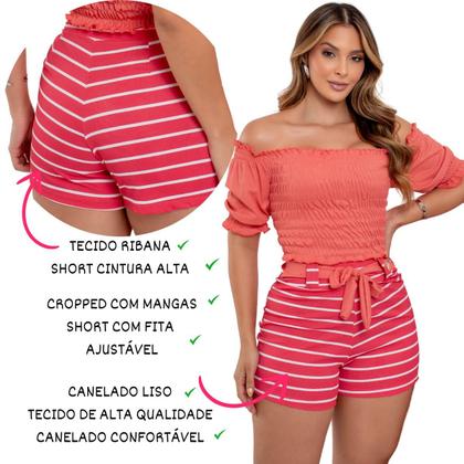 Imagem de Conjunto Feminino Cropped Com Mangas Ombro a Ombro e Short Ajustável Listrado